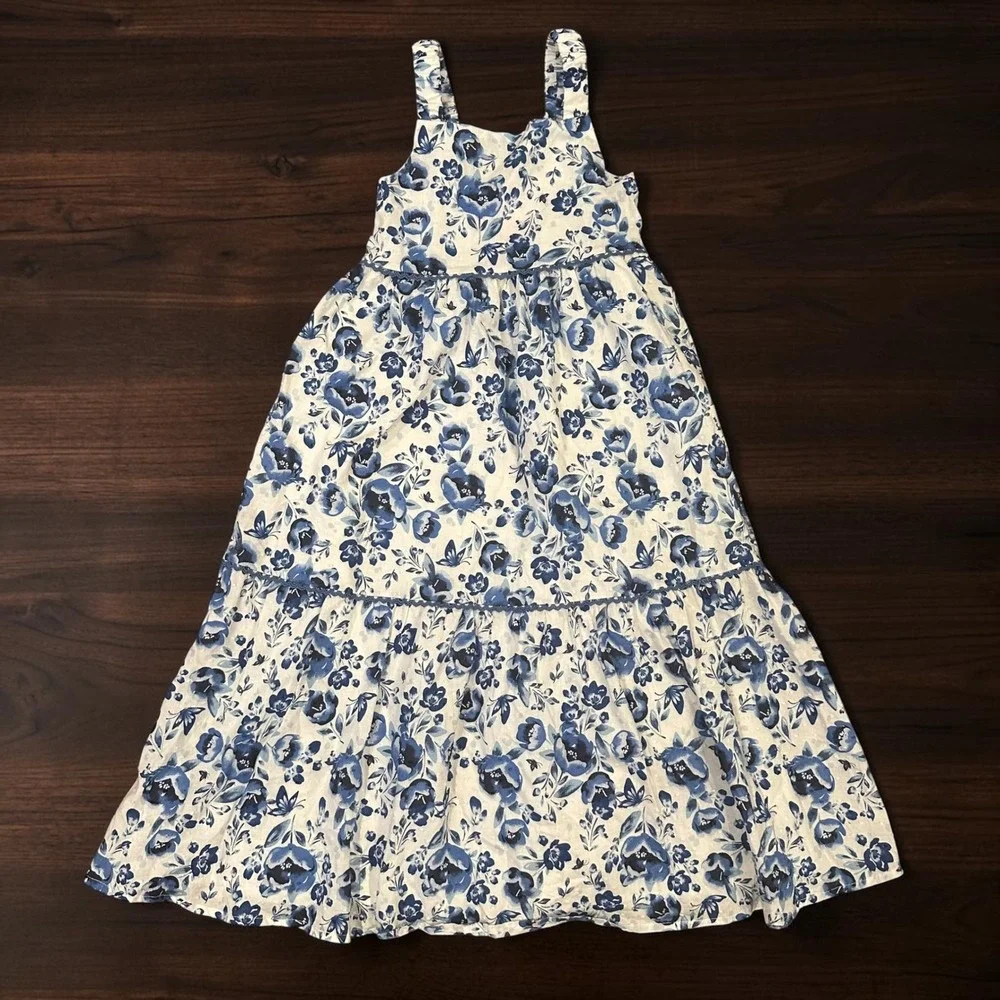 Isaac Mizrahi Girls Blue Floral Swiss Dot Tiered Maxi Dress Size 7 Smocked Back